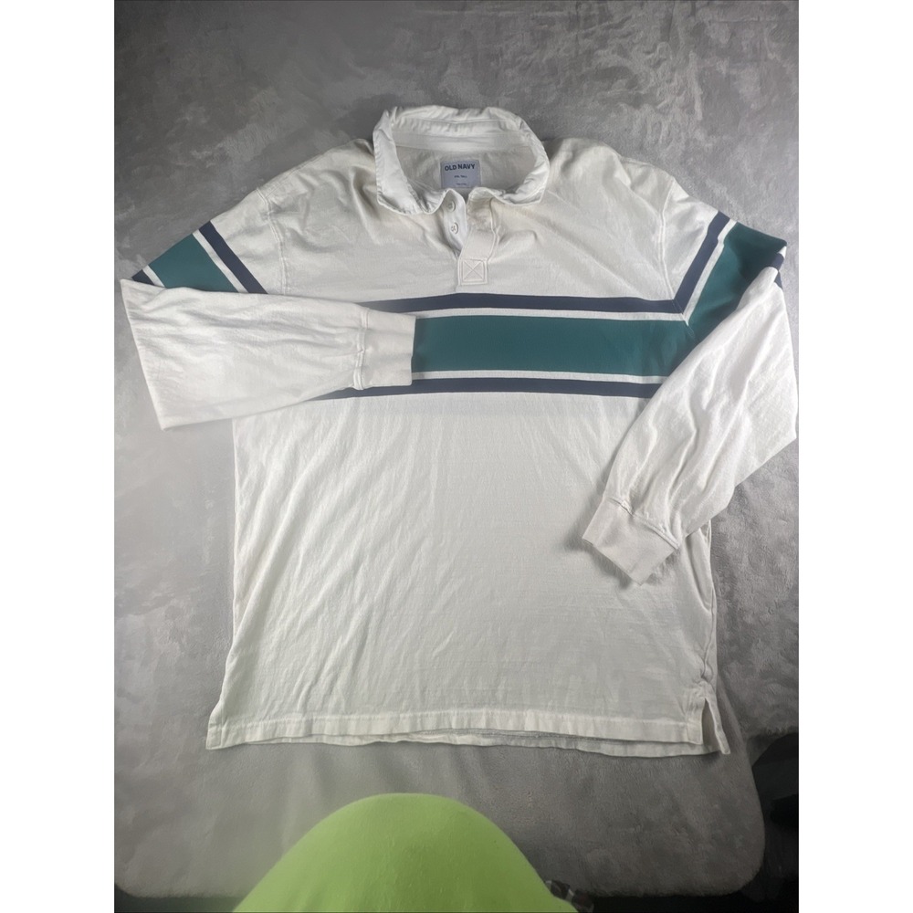 Vintage Old Navy Rugby Polo Shirt Mens 2XL Tall White Stripe Long Sleeve‎ Cotton